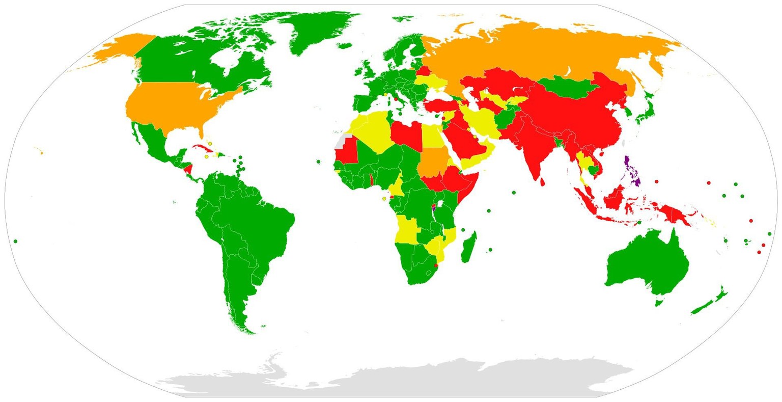 Römisches Statut zum Internationalen Strafgerichtshof (IStGH). 
Grün: Mitgliedstaaten Gelb: Unterzeichnet, aber nicht ratifiziert Violett: ehemalige Mitgliedstaaten (ausgetreten) Orange: Unterzeichnet ...