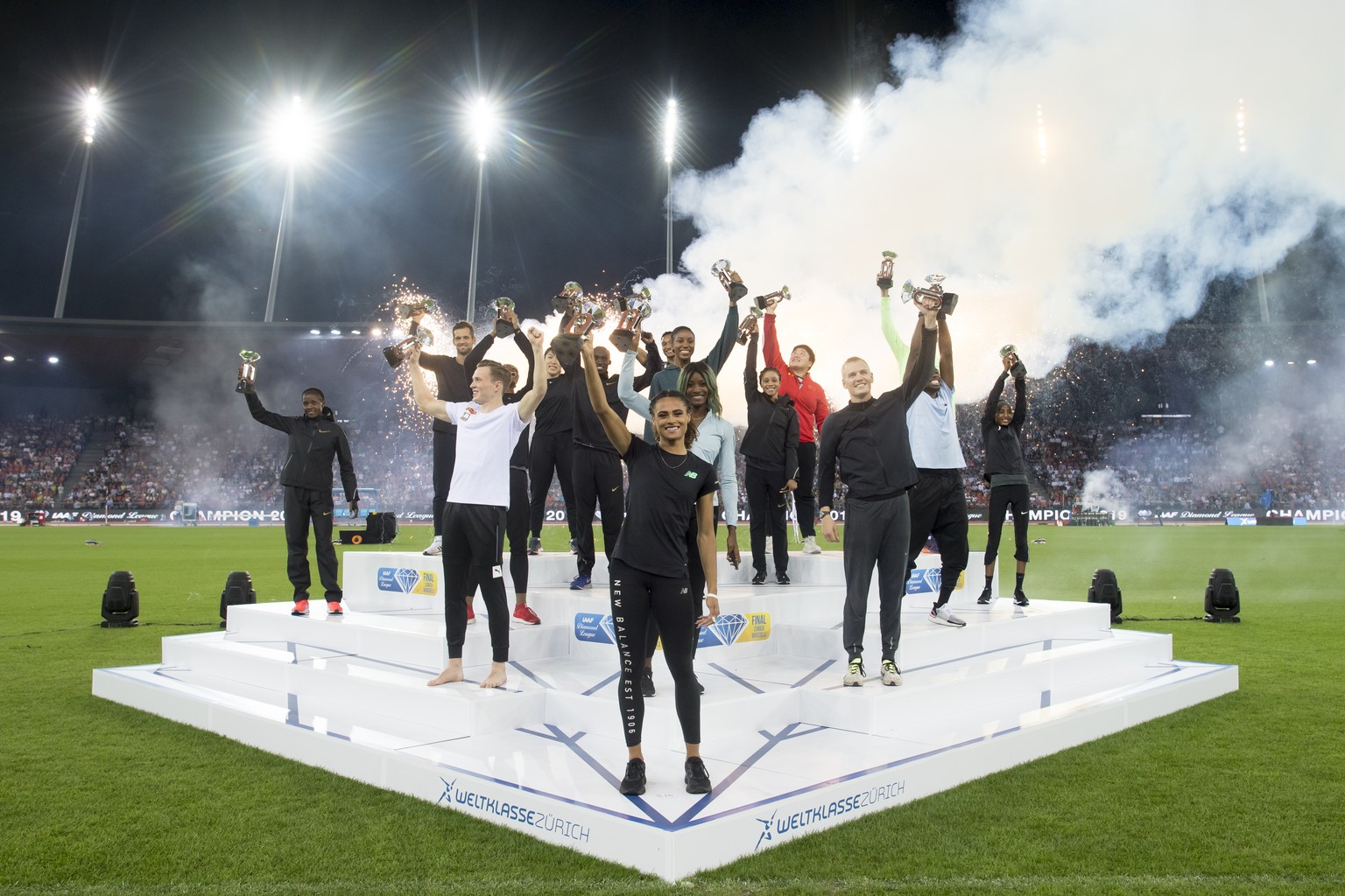 The winners of the Diamond League trophies pose at the ceremony during the Weltklasse IAAF Diamond League international athletics meeting in the stadium Letzigrund in Zurich, Switzerland, Thursday, Au ...