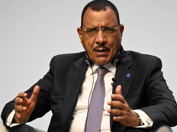epa09376402 President Mohamed Bazoum of Niger speaks at the Global Education Summit in London, Britain, 29 July 2021. The UK and Kenya are hosting the Education Summit in London where leaders from wor ...