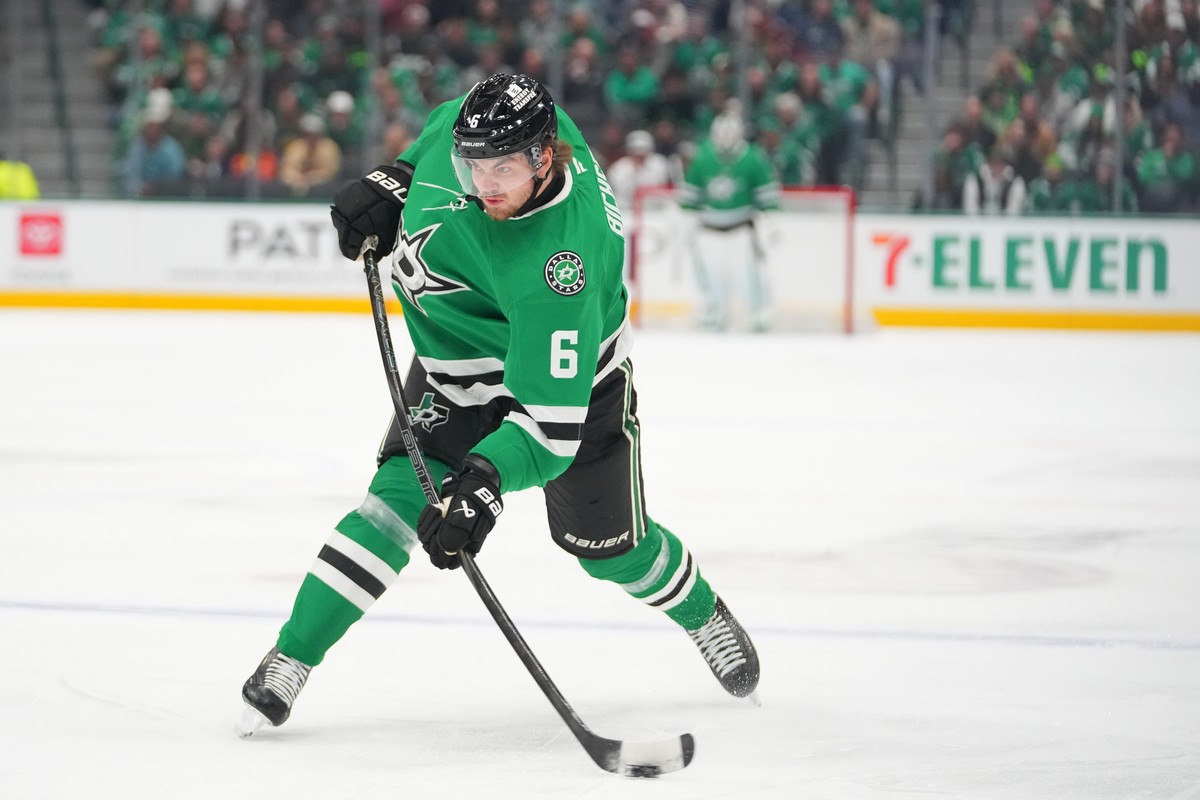Dallas Stars defenseman Lian Bichsel shoots the puck against the Utah Mammoth during the first period of an NHL hockey game Monday, March 16, 2026, in Dallas. (AP Photo/Julio Cortez)
Lian Bichsel