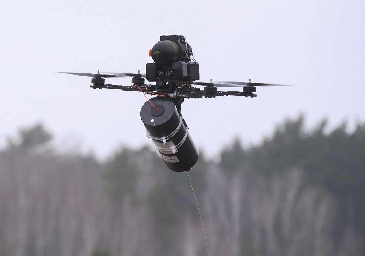 epa11861189 A fiber-optic-controlled drone designed for the Ukrainian Armed Forces, near Kyiv, Ukraine, 29 January 2025. Drones controlled by fiber optics can infiltrate enemy lines undetected by elec ...