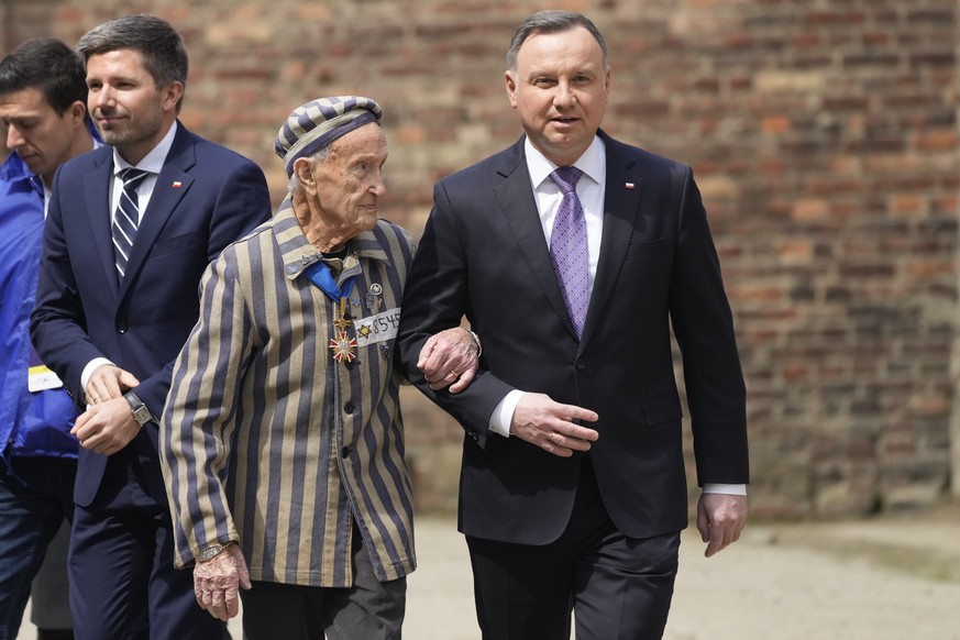 Poland&#039;s President Andrzej Duda, right, and Auschwitz Survivor from U.S. Mosberg Edward, attend the March of the Living annual observance that was not held for two years due to the global COVID-1 ...