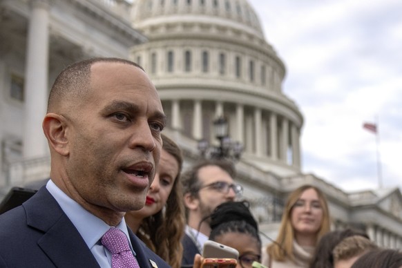 House Minority Leader Hakeem Jeffries of N.Y., speaks to reporters on the steps of the Capitol after Republicans failed in their first attempt to elect Rep. Jim Jordan, R-Ohio, a top Donald Trump ally ...