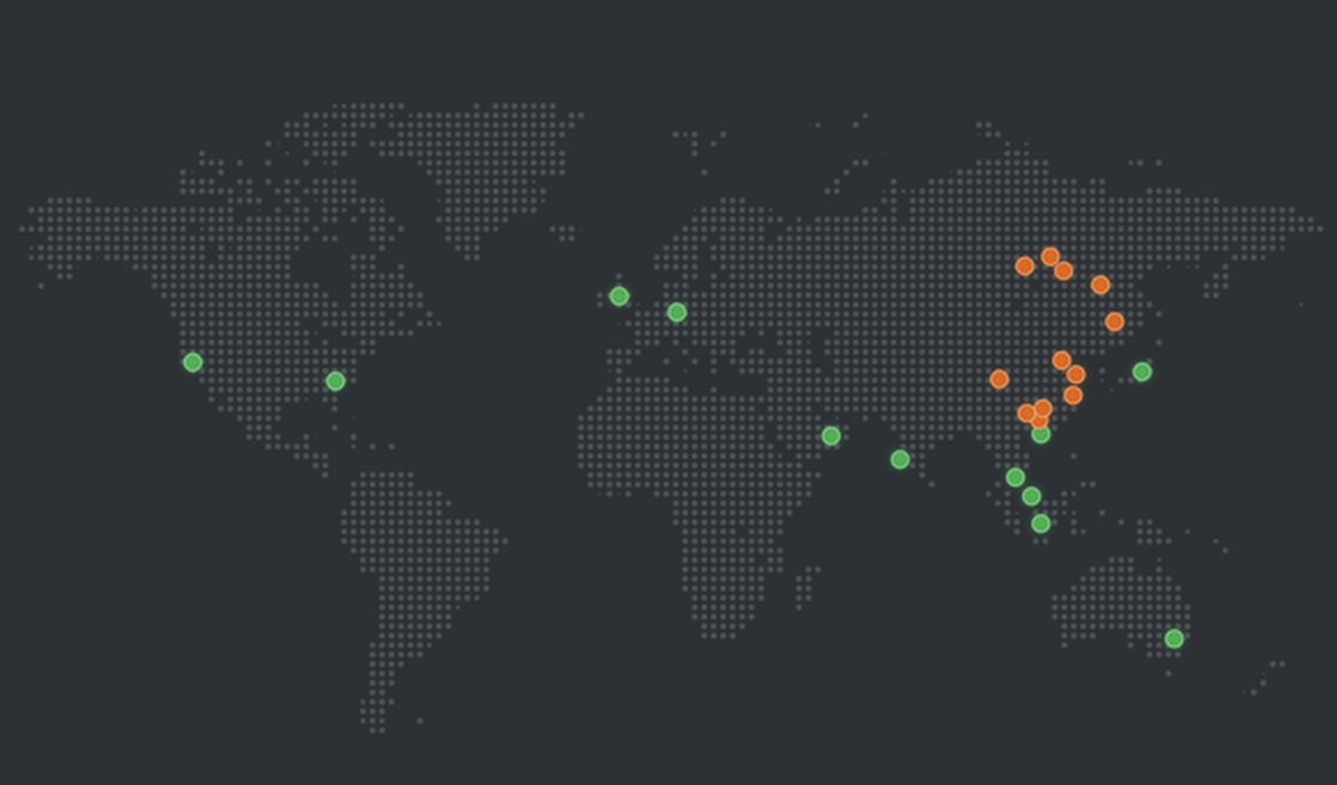 Les points verts indiquent où Alibaba exploite ses centres de données cloud en Amérique du Nord, en Europe, en Asie et en Australie. L'orange désigne les centres en Chine.