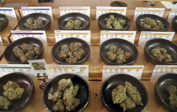 epa06412914 Cannabis samples on display at the Harborside cannabis dispensary in Oakland, California, USA, 01 January 2018. In November 2016, California voters legalized recreational marijuana for adu ...