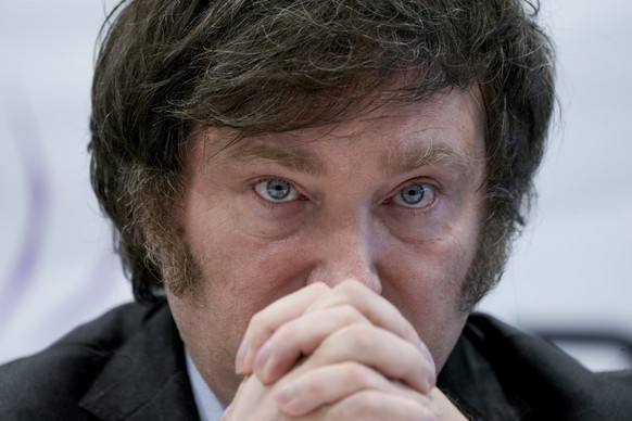 FILE - Then presidential hopeful Javier Milei looks on during a press conference in Buenos Aires, Argentina, Oct. 11, 2023. (AP Photo/Natacha Pisarenko, File)