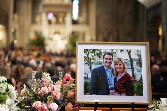 FILE - A photo of Mark and Melissa Hortman is displayed during their funeral service inside the sanctuary at the Basilica of St. Mary's in Minneapolis on June 28, 2025. (Alex Kormann/Star Tribune ...