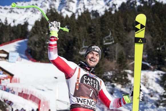 Winner Vincent Kriechmayr of Austria celebrates after the men&#039;s downhill race at the Alpine Skiing FIS Ski World Cup in Wengen, Switzerland, Saturday, January 19, 2019. (KEYSTONE/Peter Schneider)