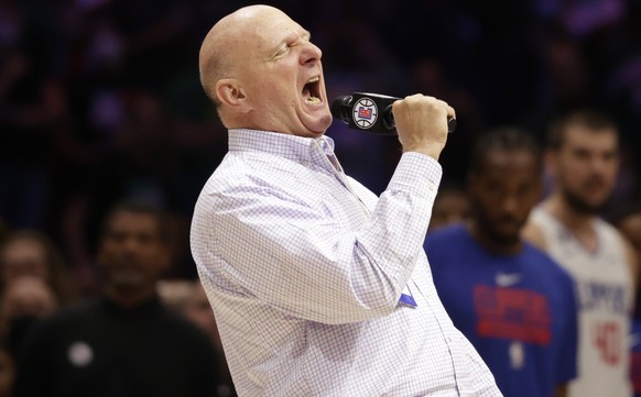 Los Angeles Clippers owner Steve Ballmer welcomes fans to a preseason NBA basketball game against the Portland Trail Blazers, Monday, Oct. 3, 2022, in Seattle. (AP Photo/ John Froschauer)
Steve Ballme ...