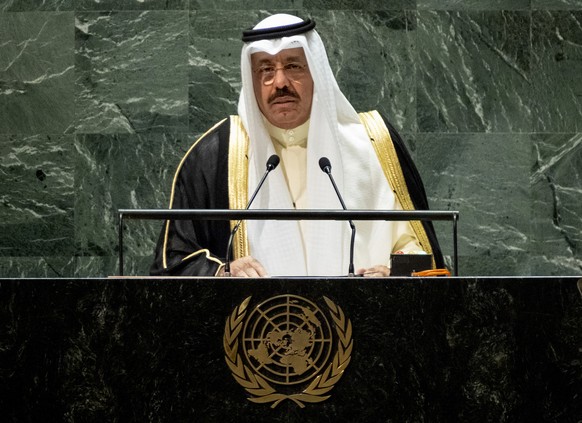Prime Minister of Kuwait Sheikh Ahmad Nawaf Al-Ahmad Al-Sabah addresses the 78th session of the United Nations General Assembly, Thursday, Sept. 21, 2023. (AP Photo/Craig Ruttle)
Sheikh Ahmad Nawaf Al ...