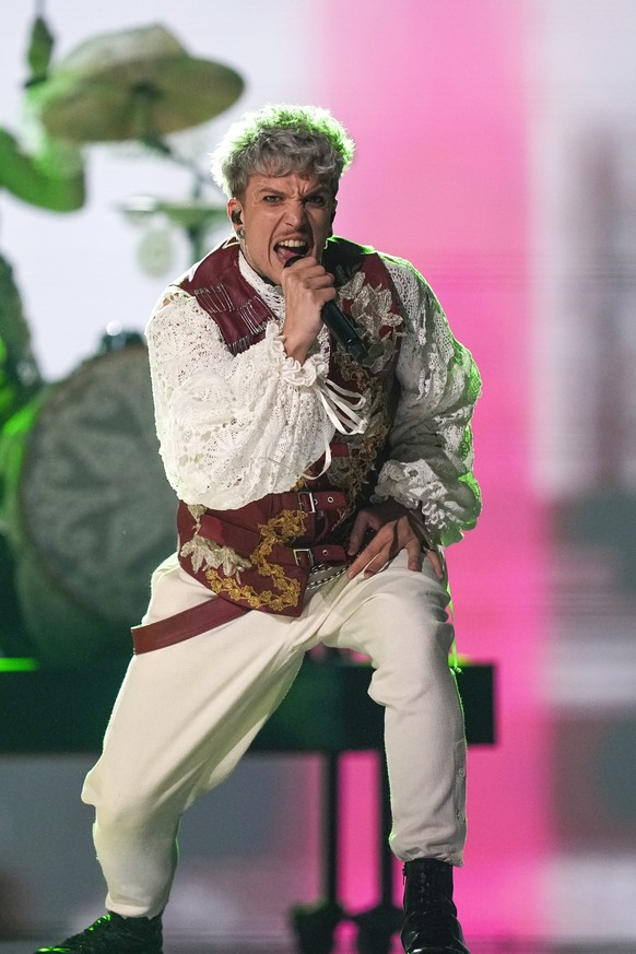 Baby Lasagna of Croatia performs the4 song Rim Tim Tagi Dim during the dress rehearsal for the first semifinal at the Eurovision Song Contest in Malmo, Sweden, Monday, May 6, 2024. (AP Photo/Martin Me ...