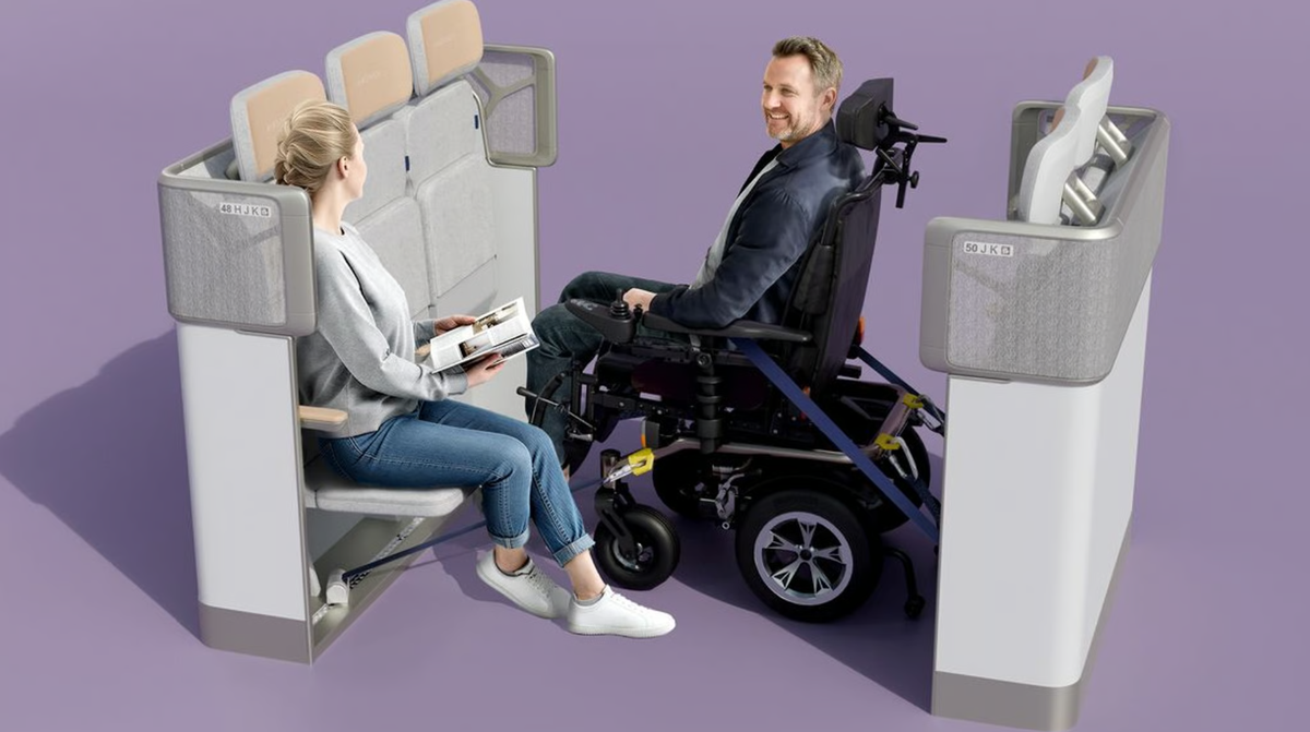 Vorerst nur ein Konzept auf dem Papier: Eine Airbus-Kabine, in der Menschen in ihrem eigenen Rollstuhl reisen können.