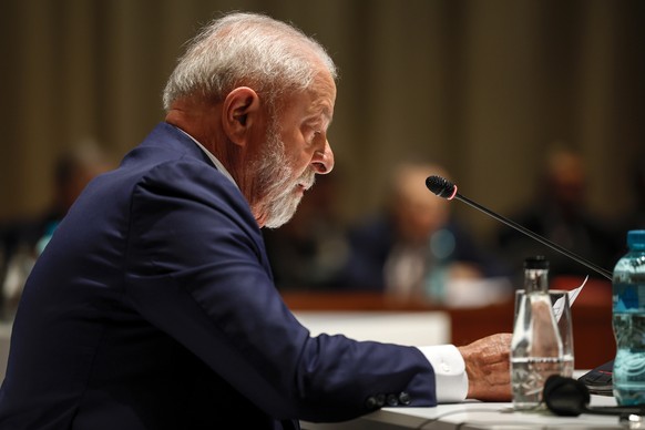 epa10815156 President of Brazil Luiz Inacio Lula da Silva attends the plenary session during the 2023 BRICS Summit at the Sandton Convention Centre in Johannesburg, South Africa, 23 August 2023. South ...