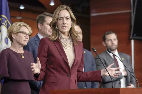 Rep. Mikie Sherrill, D-N.J., center, speaks during a news conference on national security legislation on Capitol Hill Tuesday, Feb. 13, 2024, in Washington. (AP Photo/Mariam Zuhaib)
Sherrill,center.