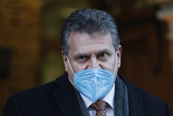 The European Commission Vice President Maros Sefcovic makes a short statement as he arrives at St Pancras railway station in London, Thursday, Feb. 11, 2021, ahead of talks with Michael Gove Chancello ...