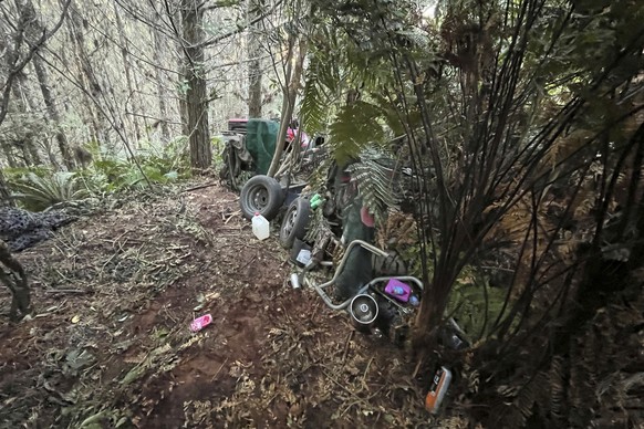 This Sept. 8, 2025 photo released by the New Zealand police, shows the campsite where Tom Phillips and his children were hiding prior to his shooting in Waitomo, in the district of Waikato, New Zealan ...