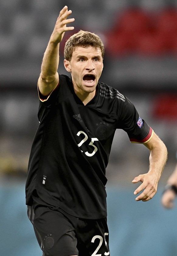 Germany&#039;s Thomas Mueller reacts during the Euro 2020 soccer championship group F match between Germany and Hungary at the Allianz Arena in Munich, Germany,Wednesday, June 23, 2021. (Lukas Barth/P ...