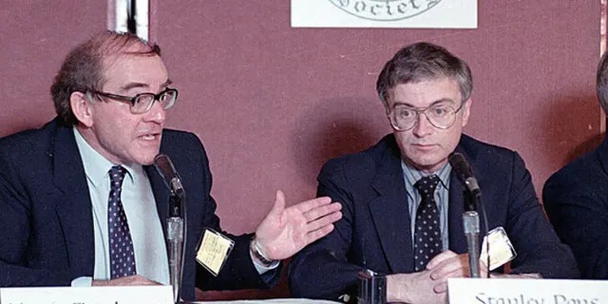 Martin Fleischmann, left, of the University of Southampton, England, talks to reporters about cold fusion as University of Utah chemist B. Stanley Pons listens, in Los Angeles, May 9, 1989. The pair o ...