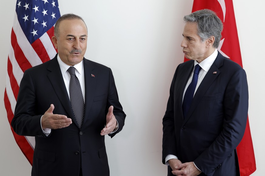 U.S. Secretary of State Antony Blinken meets with Turkish Foreign Minister Melvut Cavusoglu at the United Nations Wednesday, May 18, 2022. (Eduardo Munoz/Pool via AP)