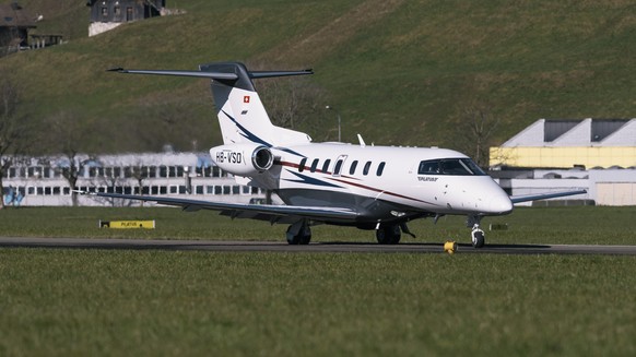 An airplane of the type Pilatus PC-24 lands at the Buochs Airport in the Canton of Nidwalden in Switzerland, pictured on March 8, 2018. After the test flights have been successfully completed, the mod ...