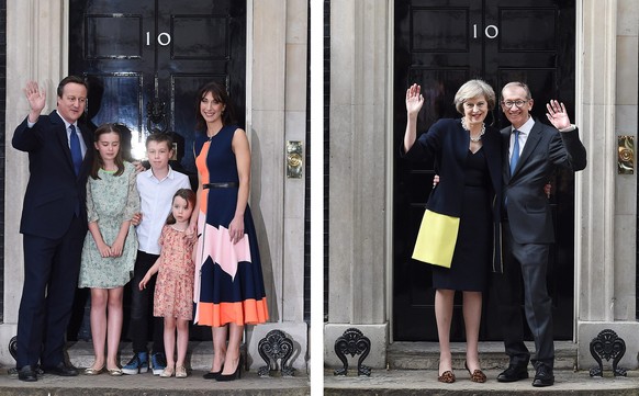 epaselect epa05423492 A composite image of outgoing British Prime Minister David Cameron accompanied by his wife Samantha (L) and their children as he waves to the media on his departure from No. 10 D ...