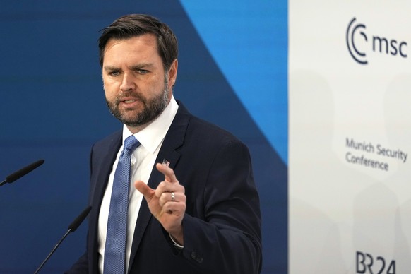 United States Vice-President JD Vance addresses the audience during the Munich Security Conference at the Bayerischer Hof Hotel in Munich, Germany, Friday, Feb. 14, 2025. (AP Photo/Matthias Schrader)