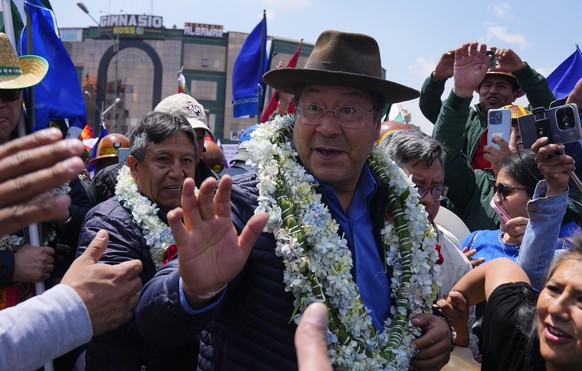 Bolivia&#039;s President Luis Arce greets supporters during a political rally in favor of his government, in El Alto, Bolivia, Tuesday, Oct.17, 2023. (AP Photo/Juan Karita)
Luis Arce