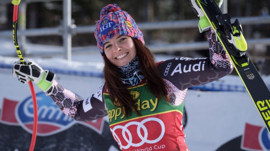 Liechtenstein&#039;s Tina Weirather celebrates her victory in the women&#039;s World Cup super-G ski race at Lake Louise, Alta., Sunday, Dec. 3, 2017. (Jeff McIntosh/The Canadian Press via AP)