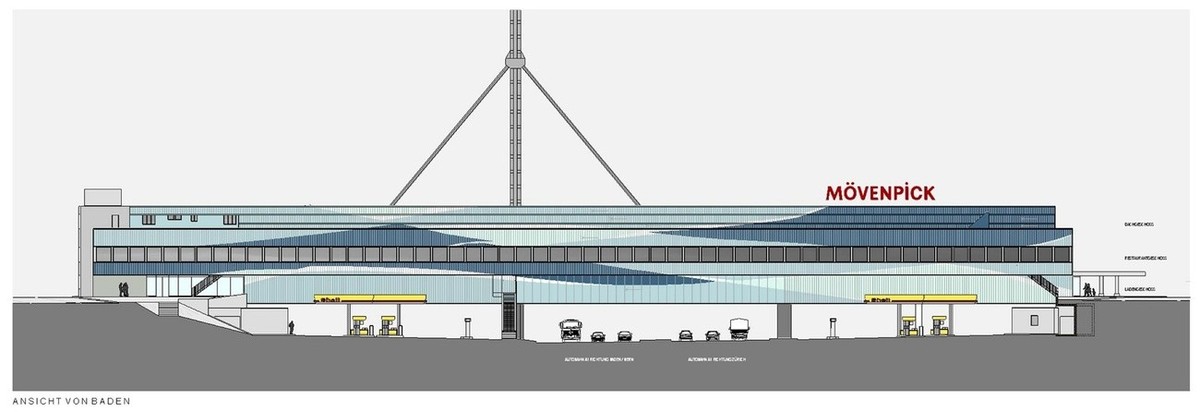 HANDOUT --- Computeranimation der neugestalteten Autobahnraststaette bei Wuerenlos von Baden aus gesehen. Der sogenannte Fressbalken uber der A1, der derzeit einer Innenrenovation unterzogen wird, sol ...