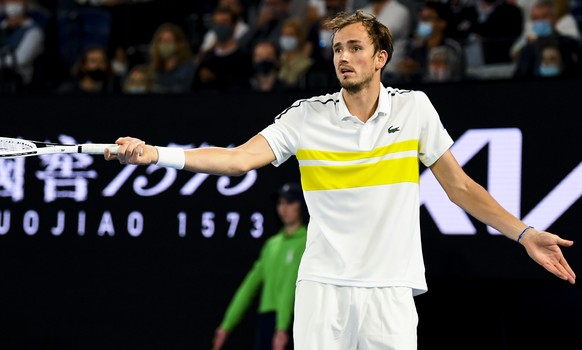 epa09027369 Daniil Medvedev of Russia reacts during his Men&#039;s singles finals match against Novak Djokovic of Serbia on Day 14 of the Australian Open Grand Slam tennis tournament at Melbourne Park ...