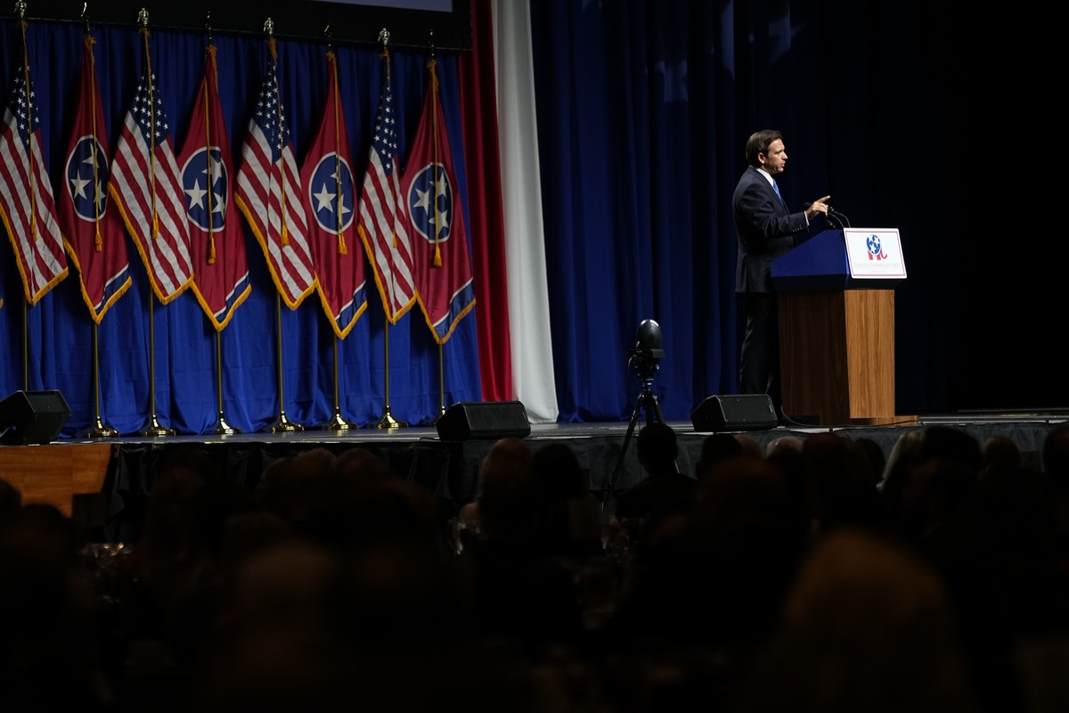 Republican presidential candidate Florida Gov. Ron DeSantis speaks during the Tennessee Republican Party Statesmen's Dinner, Saturday, July 15, 2023, in Nashville, Tenn. (AP Photo/George Walker I ...