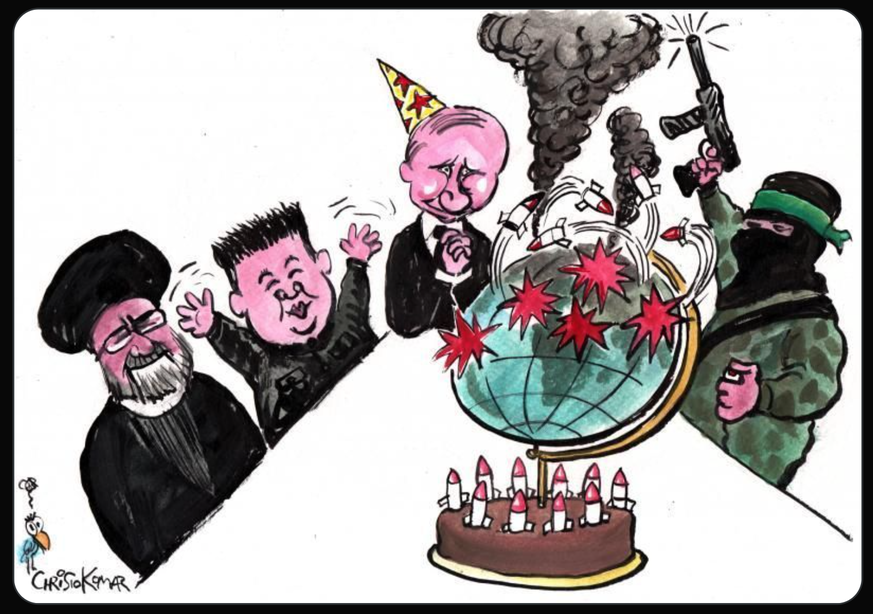Karikatur zu autokratischen Staaten und Terrororganisationen wie der Hamas.
