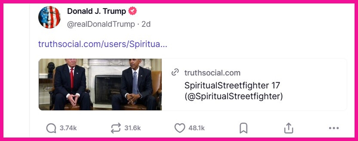 Sieht harmlos aus ... nach einem Repost eines Fotos von Donald Trump und Barack Obama. Ist es aber nicht.