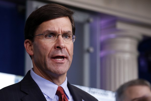 FILE - In this April 1, 2020, file photo, Defense Secretary Mark Esper speaks about the coronavirus in the James Brady Press Briefing Room of the White House in Washington. (AP Photo/Alex Brandon, Fil ...