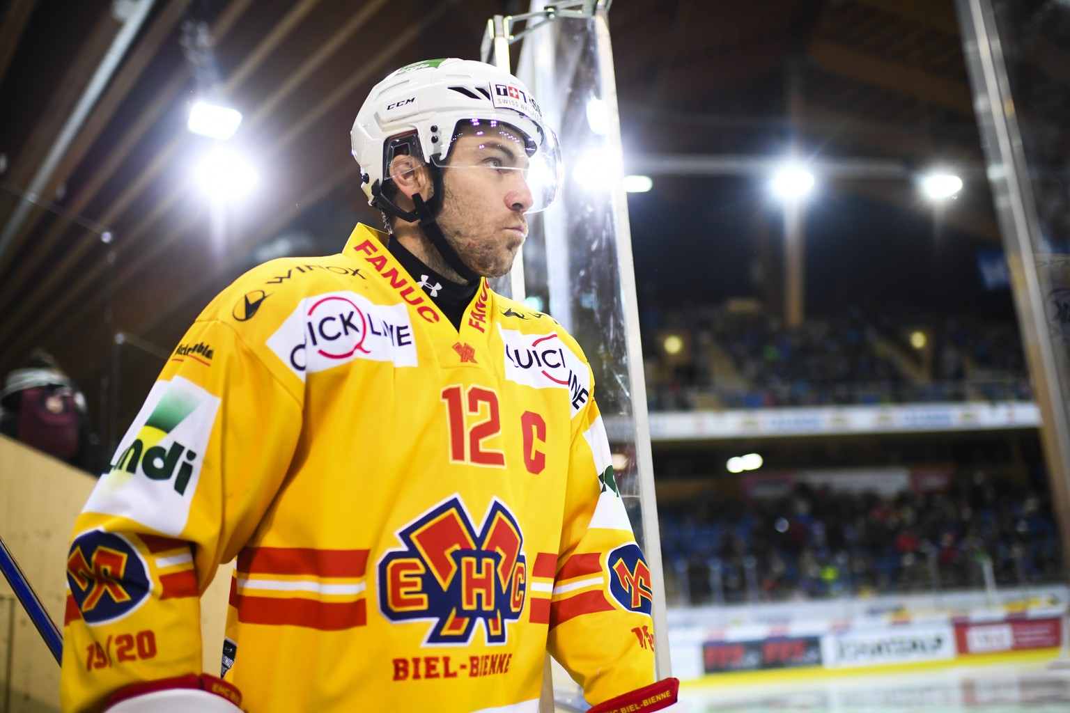 Biels Mathieu Tschantre beim Eishockey-Qualifikationsspiel der National League zwischen dem HC Davos und dem EHC Biel, am Sonntag, 5. Januar 2020, im Eisstadion in Davos. (KEYSTONE/Gian Ehrenzeller)