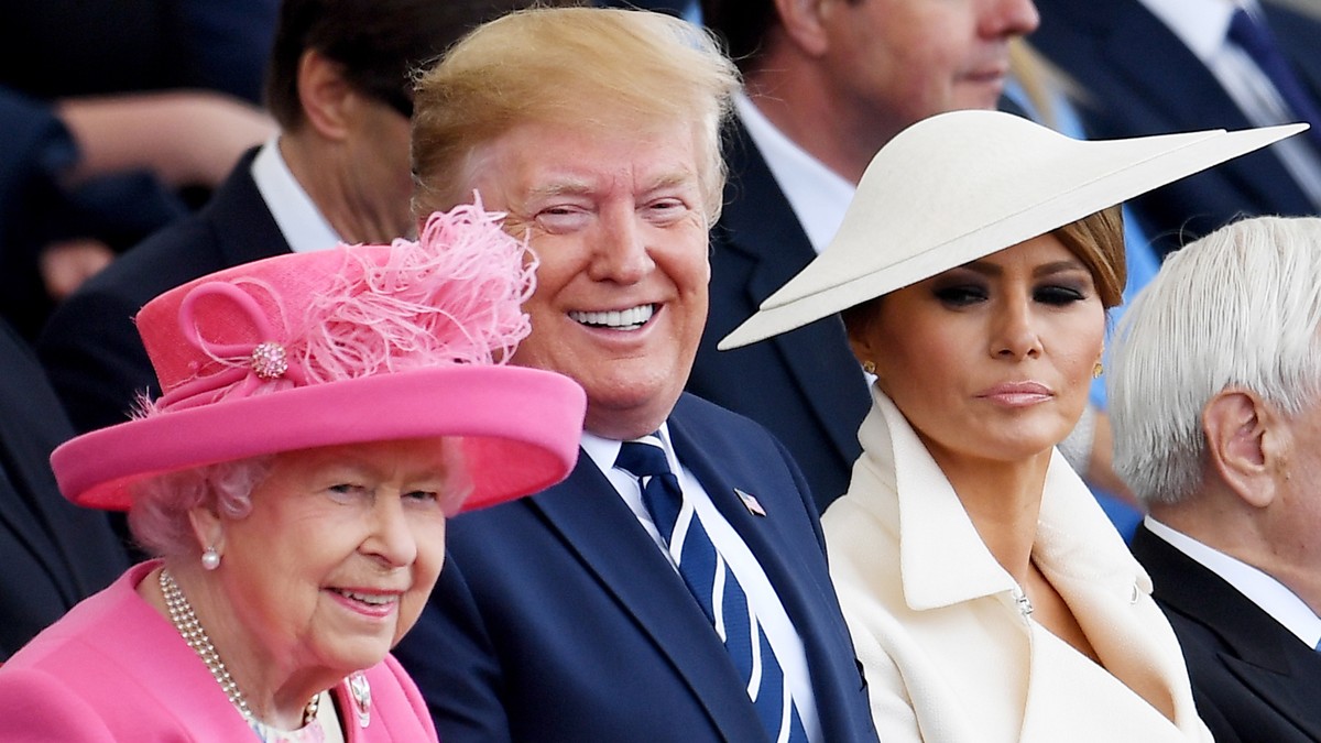epaselect epa07627311 (L-R) Britain's Queen Elizabeth II, US President Donald J. Trump, First Lady Melania Trump attending the commemorations for the 75th Anniversary of the D-Day landings in Sou ...