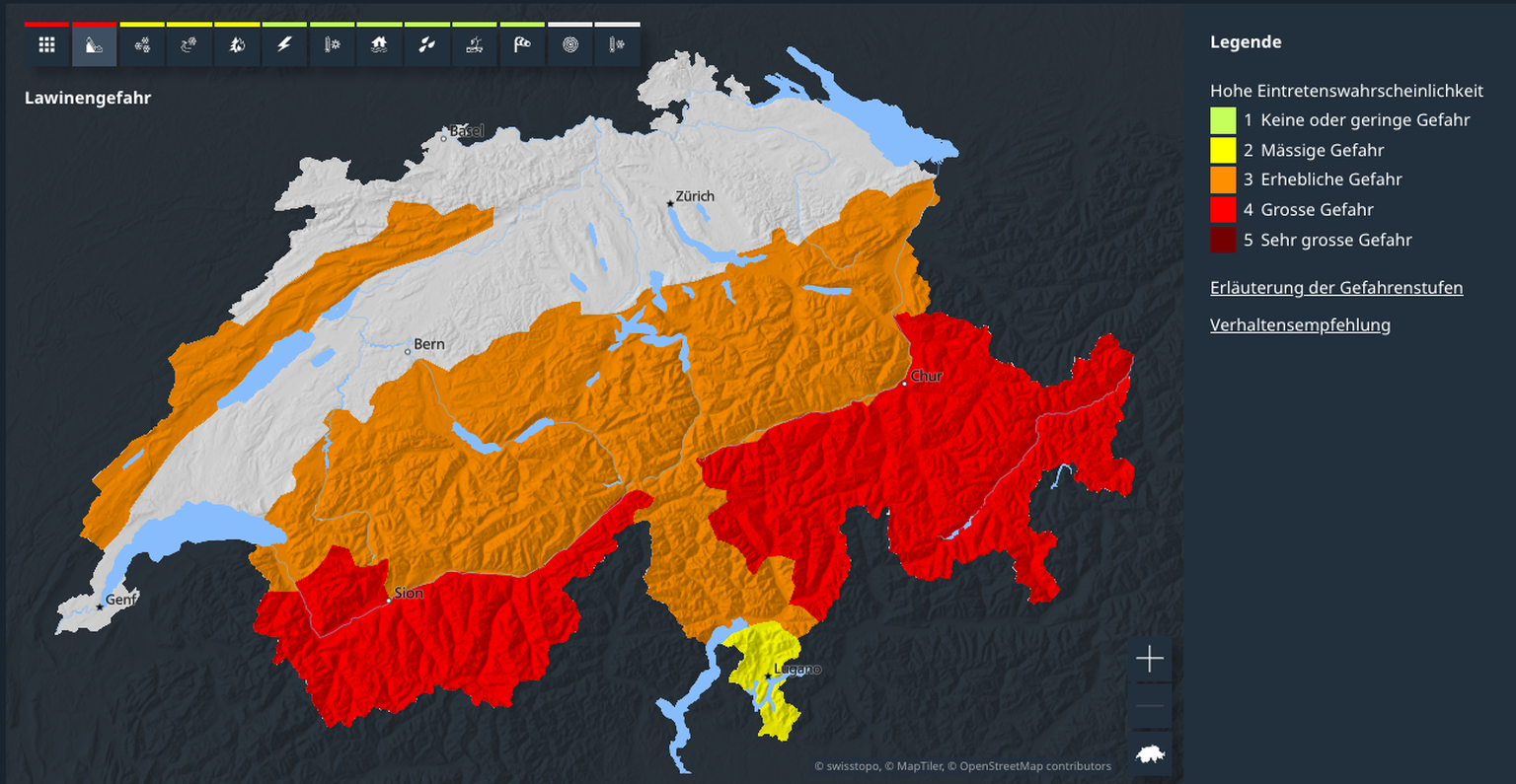 Die aktuelle Lawinen-Gefahrenkarte des Bundes.