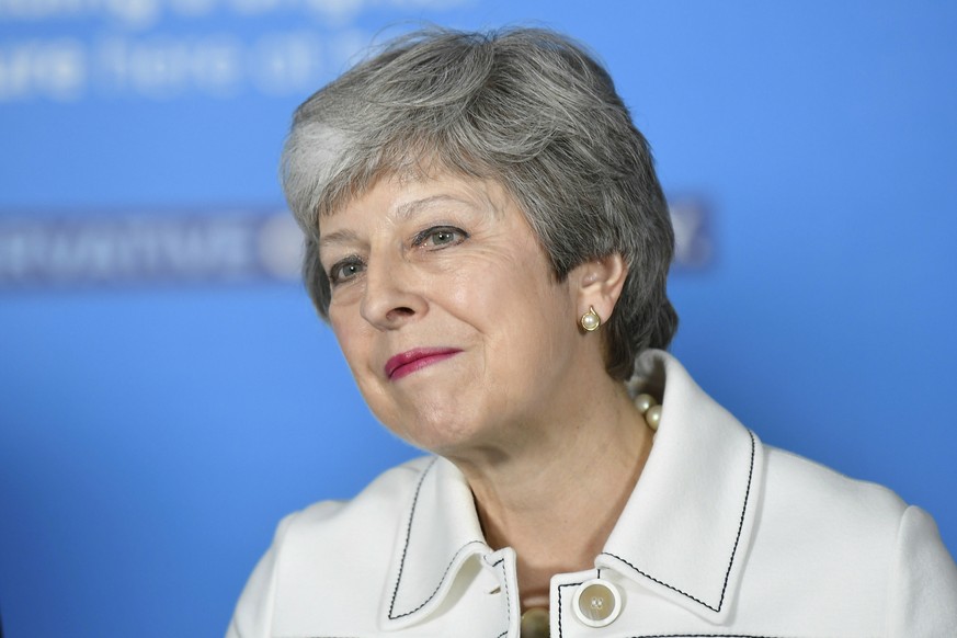 Britain&#039;s Prime Minster Theresa May speaks at a EU election campaign event in Bristol, England, Friday May 17, 2019. Talks between Britain&#039;s government and opposition aimed at striking a com ...