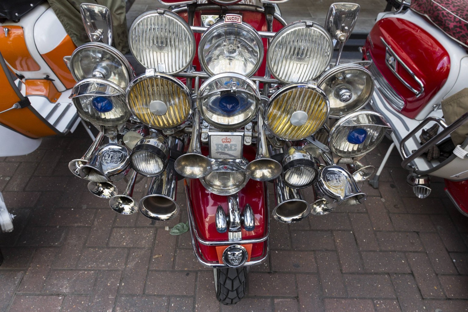 MODS MODS MODS Vespa Vespa Vespa 
London, UK. 1 May 2016. Scooterist gather in Carnaby Street before the run. Hundreds of scooterists take part in the annual Buckingham Palace Scooter Run in Central L ...