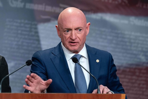 Sen. Mark Kelly, D-Ariz., speaks during a news conference at Capitol Hill, Wednesday, Feb. 11, 2026, in Washington. (AP Photo/Jose Luis Magana)
Elissa Slotkin,Mark Kelly