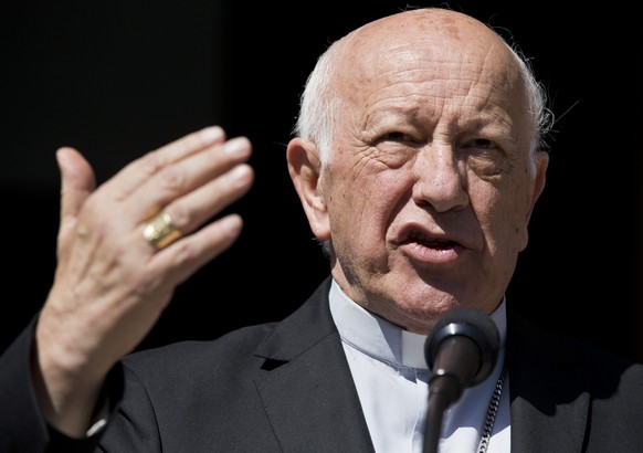 Cardinal Ricardo Ezzati, former archbishop of Santiago gestures after a news conference, Saturday, March 23, 2019 in Santiago, Chile. Pope Francis has replaced Ezzati , the embattled archbishop of San ...