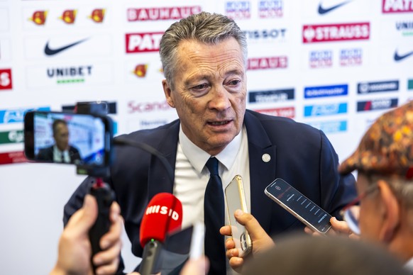 Harold Kreis, head coach of Germany national ice hockey team, speaks to the media, after the IIHF 2025 World Championship preliminary round group B game between Norway and Germany, at the Jyske Bank B ...