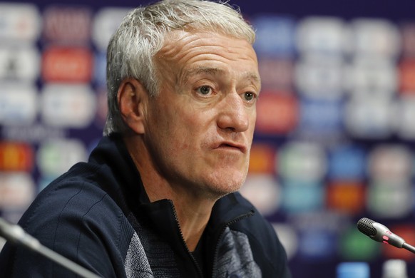 France headcoach Didier Deschamps answers journalists during the official press conference at the Luzhniki Stadium at the eve of the final against Croatia at the 2018 soccer World Cup in Moscow, Russi ...