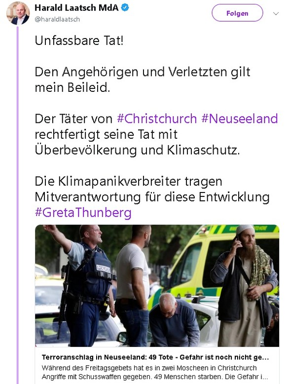 49 Tote, ein Manifest und grosse Trauer â was wir vom Terroranschlag in Neuseeland wissen
WÃ¤hrend einer von der AfD die Schuld bei Greta Thunberg sieht. An Peinlichkeit kaum zu Ã¼berbieten.