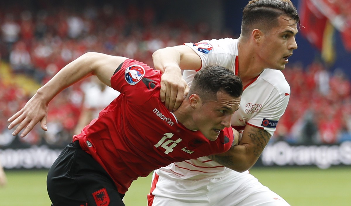 Football Soccer - Albania v Switzerland - EURO 2016 - Group A - Stade Bollaert-Delelis, Lens, France - 11/6/16
Switzerland's Granit Xhaka in action with Albania's Taulant Xhaka
REUTERS/Car ...