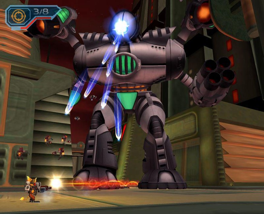 Dieser Boss aus Ratchet &amp; Clank: Going Command (2003, PS2) überragt die Helden um ein Vielfaches.