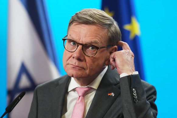 German Foreign Minister Johann Wadephul briefs the media during a joint news conference with his Israeli counterpart in Berlin, Germany, Tuesday, May 5, 2026. (AP Photo/Markus Schreiber)
Germany Israe ...