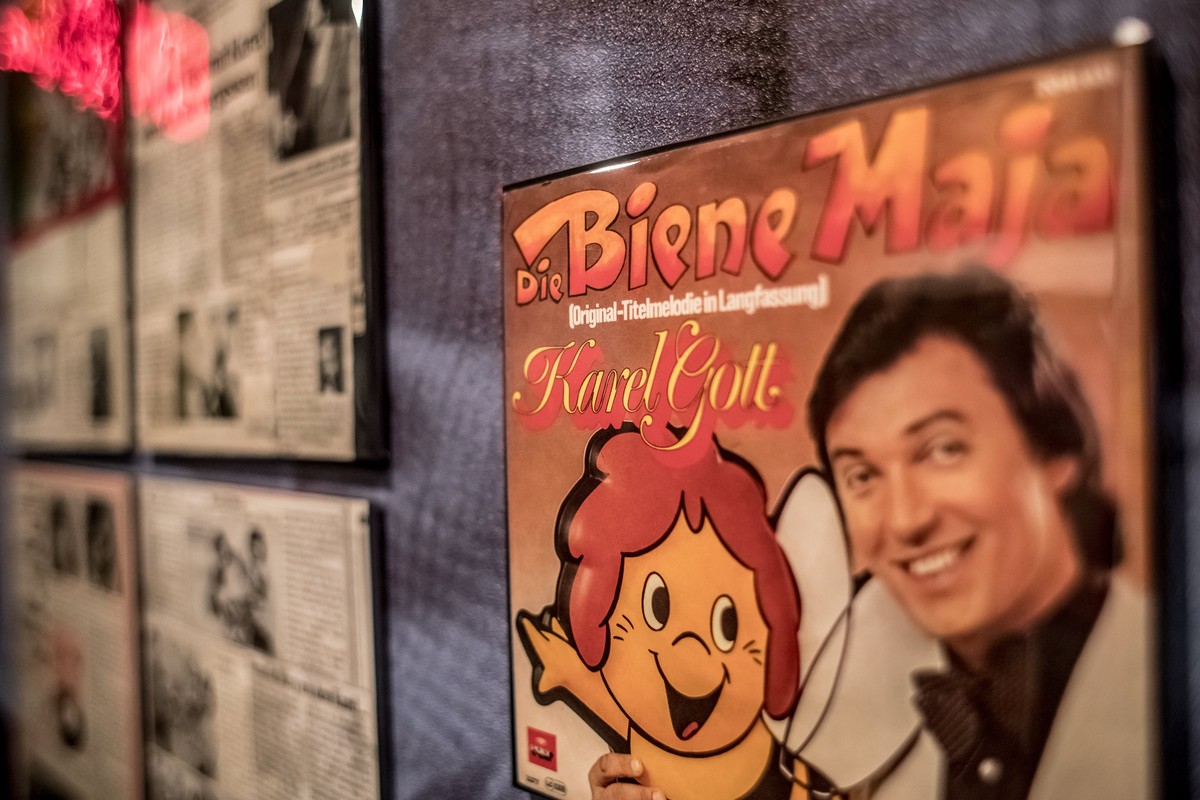 epa06026264 A record of the song 'Die Biene Maja' (Maya the Honey Bee) performed by Czech singer Karel Gott is displayed as part of the exhibition 'Gott, My Life!' in Prague, Czech ...