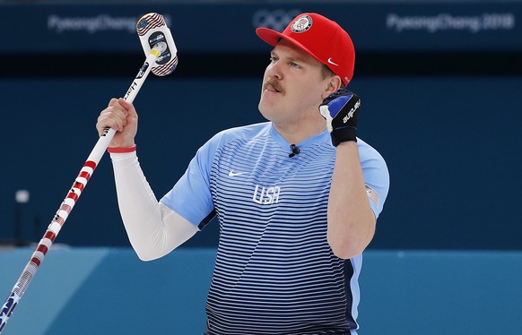 United States&#039;s Matt Hamilton gestures after winning their men&#039;s curling match against Canada at the 2018 Winter Olympics in Gangneung, South Korea, Monday, Feb. 19, 2018. (AP Photo/Aaron Fa ...