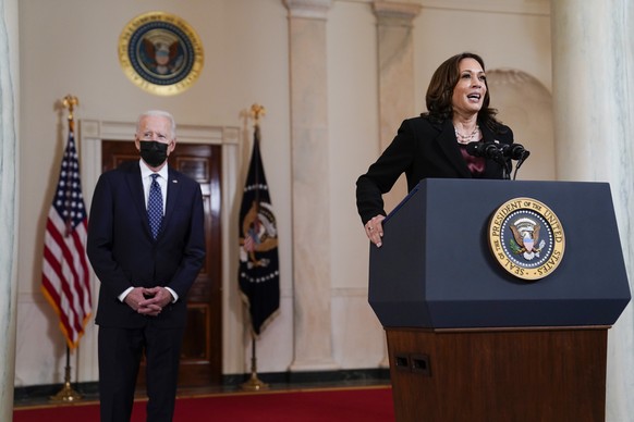 Vice President Kamala Harris, accompanied by President Joe Biden, speaks Tuesday, April 20, 2021, at the White House in Washington. Mexico announced Saturday, April 24, that President Andres Manuel Lo ...